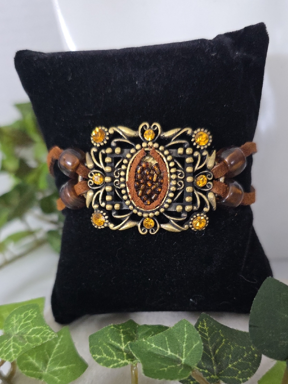 Boho Bronze Filigree Suede Wrap Bracelet | Amber Rhinestone